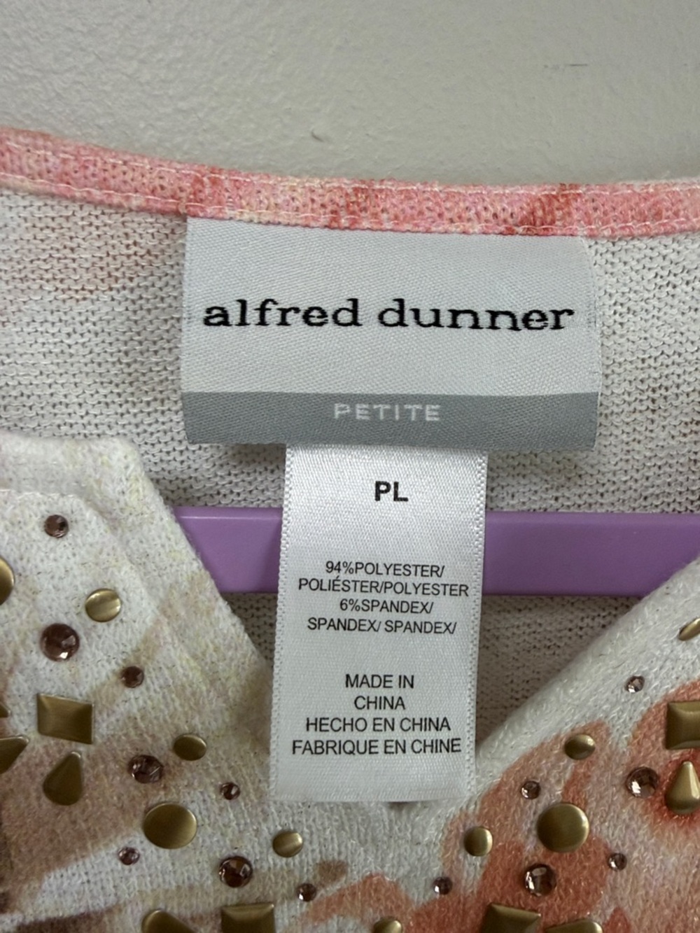 Alfred‎ Dunner Peach Floral Studded V-Neck 3/4 Sleeve Top Size PL - Picture 2 of 10